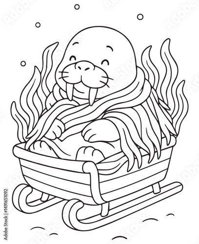 Coloring book walrus with a long scarf rides in a sled through the snow.
