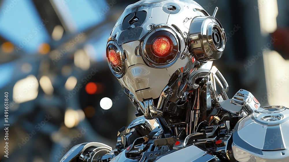 Fototapeta premium Advanced futuristic robot head close up