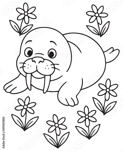Coloring book cute baby walrus with small tusks lies amongst blooming flowers
