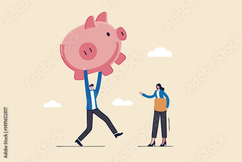 Investment return or income comparison, success and fail in savings or pension fund, being rich or wealthy concept, businessman holding small piggy bank while looking at other bigger pension fund.
