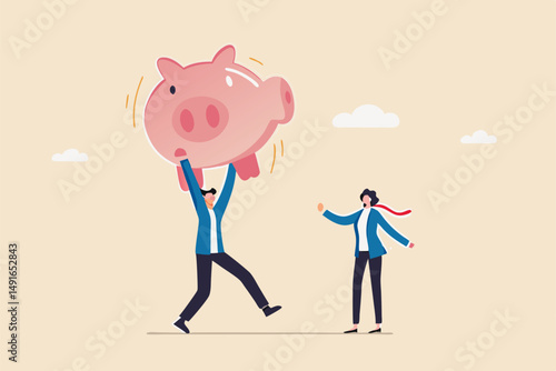 Investment return or income comparison, success and fail in savings or pension fund, being rich or wealthy concept, businessman holding small piggy bank while looking at other bigger pension fund.