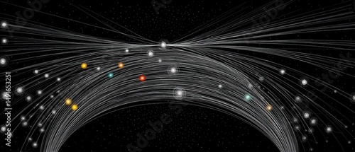 Space Exploration Visualization Showing Trajectories of Planets and Stars in an Abstract Cosmic Journey from Above