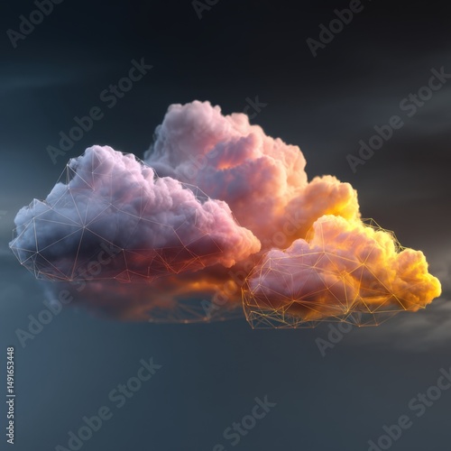 Digital cloud concept with geometric mesh overlay, abstract technology illustration, connectivity and data transfer, studio shot