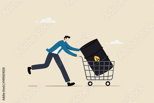 Crude oil investment, buy oil stock to make profit, fuel, power or energy company concept, businessman investor buying crude oil gallon in shopping cart trolley.