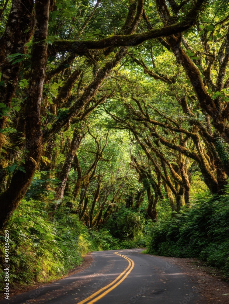 Fototapeta premium Scenic winding road through lush green forest canopy perspective Oregon nature travel adventure