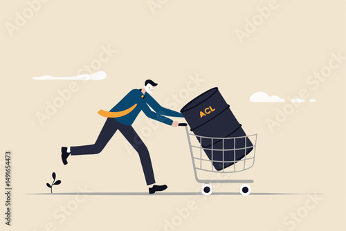Crude oil investment, buy oil stock to make profit, fuel, power or energy company concept, businessman investor buying crude oil gallon in shopping cart trolley.