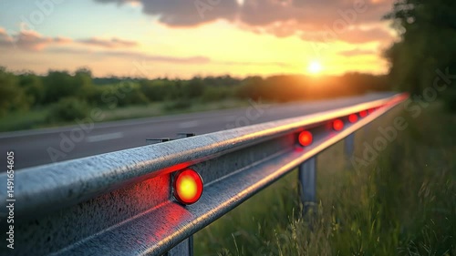 Industrial roadside element concept. A metal guardrail with glowing red reflectors lines a highway at sunset, with trees and grass in the background