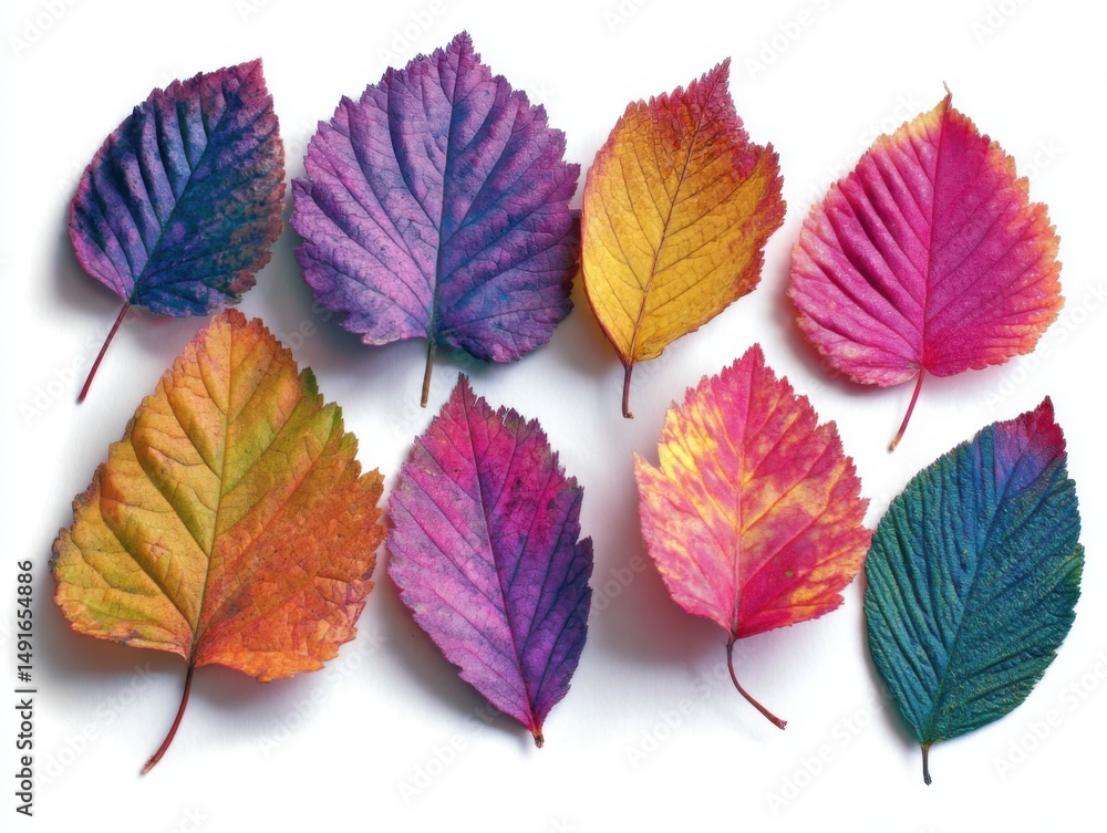 Obraz premium Colorful Autumn Leaves Displayed on White Background Flat Lay Overhead View Vibrant Fall Foliage Season Nature Beauty