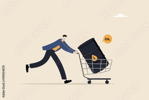 Crude oil investment, buy oil stock to make profit, fuel, power or energy company concept, businessman investor buying crude oil gallon in shopping cart trolley.
