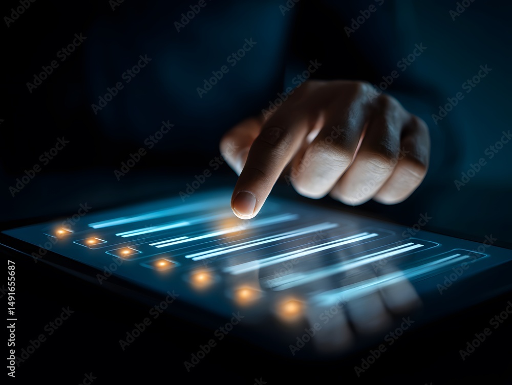 Fototapeta premium Hand interacts with a tablet displaying glowing sliders in a dark setting.