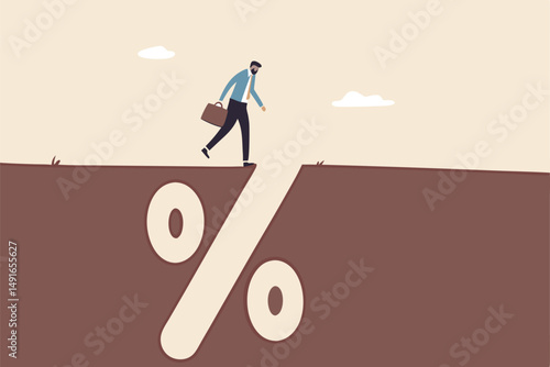 Financial pitfall, mistake or failure, mortgage, loan or debt trap or risk management, investment profit and loss concept, careful businessman looking into deep hole of banking percentage sign pit.