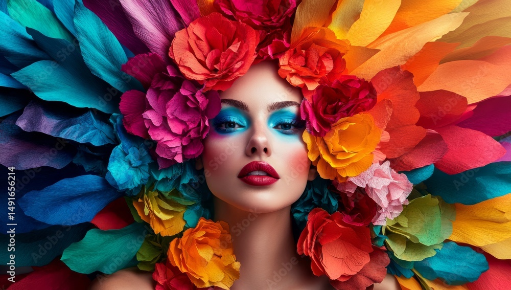 Naklejka premium A colorful female model with huge wings made of paper flowers, with bold makeup and hair styled in vibrant colors. The background is filled with an array of bright hues