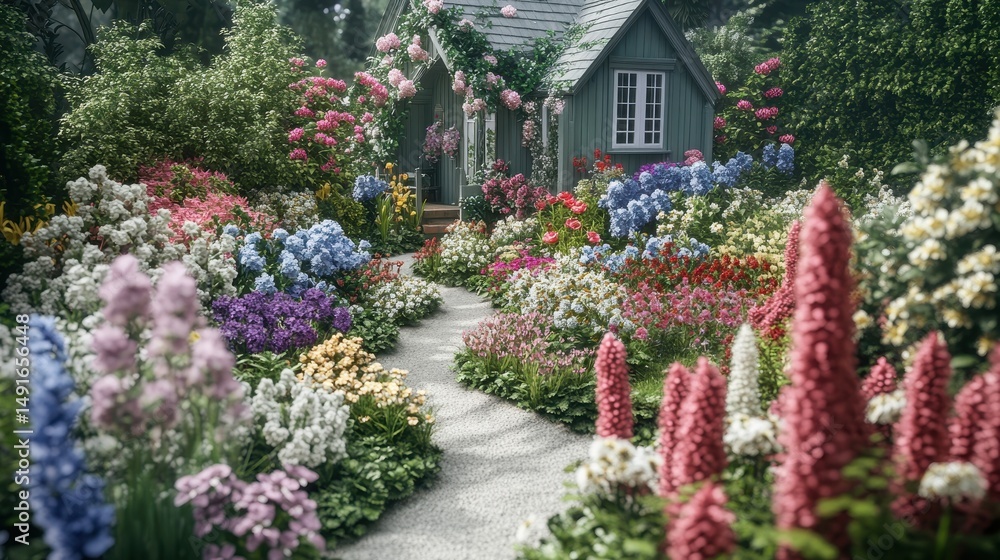 Lush garden path through vibrant flowerbeds. Lush garden path through vibrant flowerbeds.