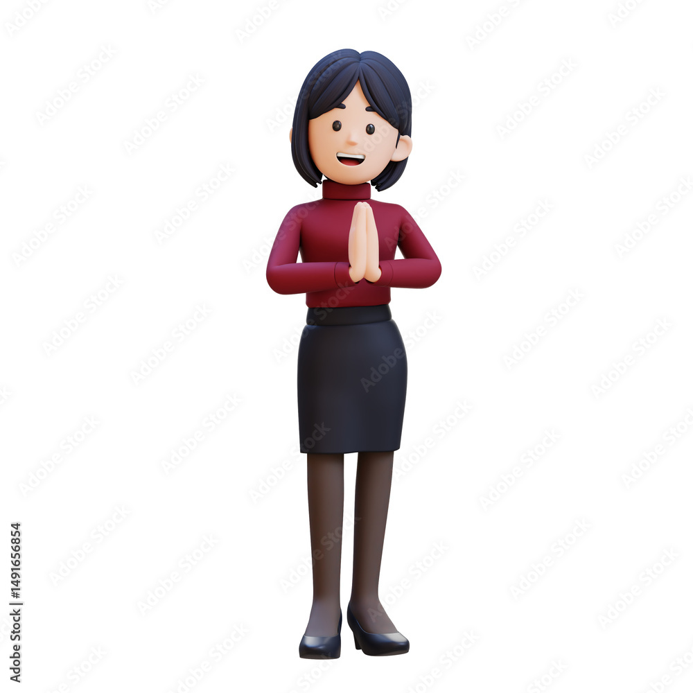 3D business woman gesturing traditional greeting hand 3D business woman gesturing traditional greeting hand