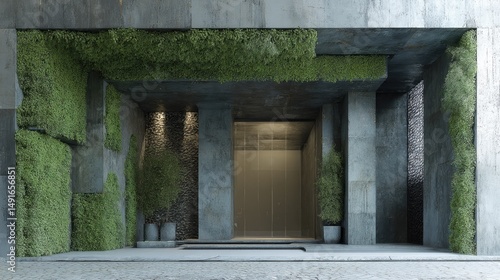 Green Oasis Modern building entrance with vertical garden with urban architecture.