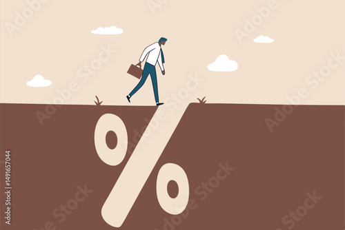Financial pitfall, mistake or failure, mortgage, loan or debt trap or risk management, investment profit and loss concept, careful businessman looking into deep hole of banking percentage sign pit.
