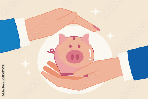 Financial risk assurance, protect money from inflation or economic crisis, insurance, tax or wealth management concept, strong businessman hand shielding protect piggy bank saving money box.