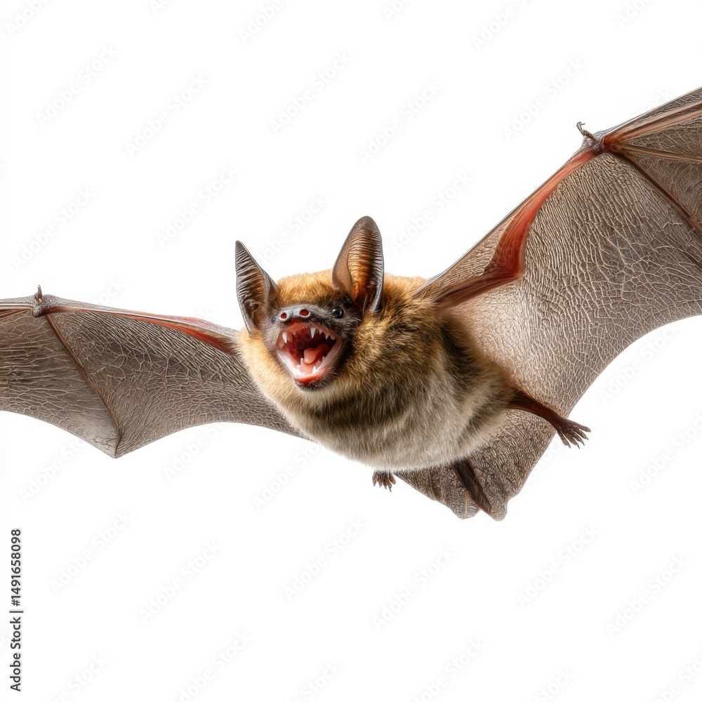 Obraz premium Flying Bat with Open Mouth on White Background Studio Shot Detailed Wings Furry Body Mammal Animal