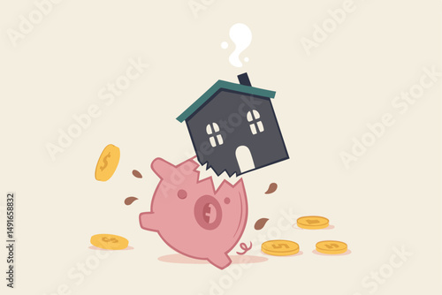 House expense and cost, too expensive payment or high interest rate mortgage concept, heavy house broke savings piggybank metaphor of too much payment and cost.