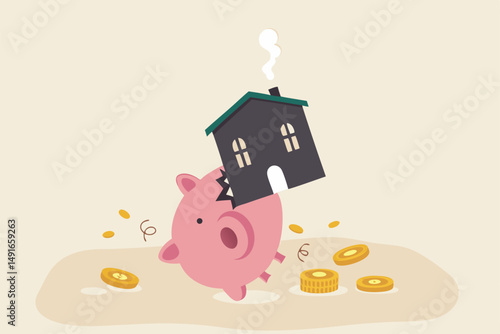 House expense and cost, too expensive payment or high interest rate mortgage concept, heavy house broke savings piggybank metaphor of too much payment and cost.