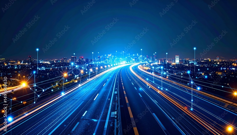 Fototapeta premium A dynamic cityscape at night, showcasing illuminated highways and digital connectivity through glowing lines and nodes