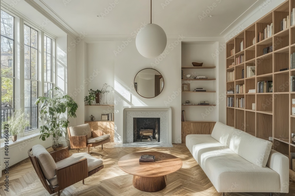 Fototapeta premium Modern living room interior design showcasing warm tones.