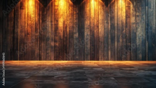 Dark wood wall background with warm lighting, textured floor