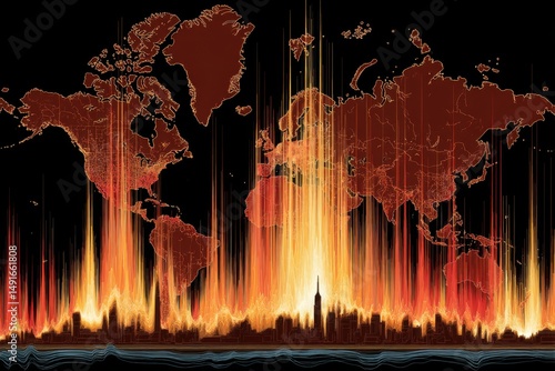 Global Connectivity Visualization Graphic of World Map and City Skyline with Data Streams in Warm Colors