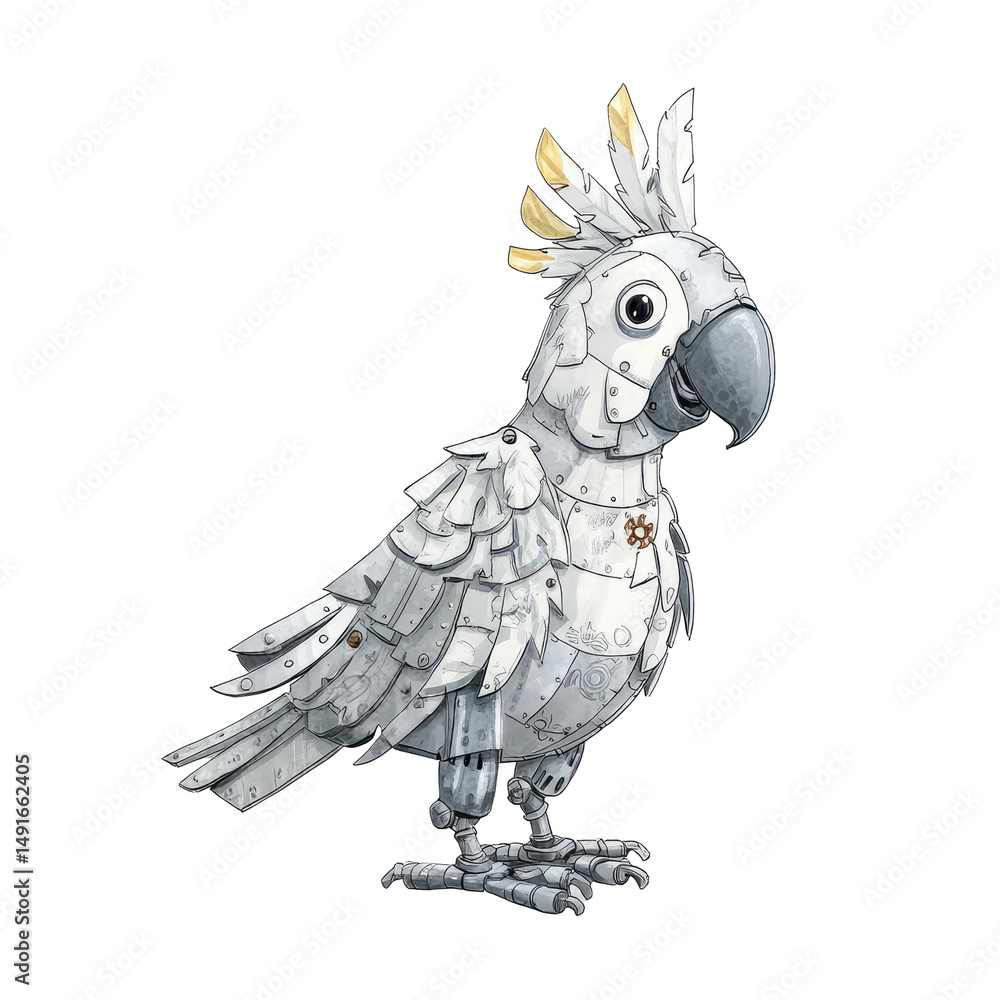 Fototapeta premium Metal Sculpture of Cockatoo Crafted from Various Metal Pieces in Whimsical Design