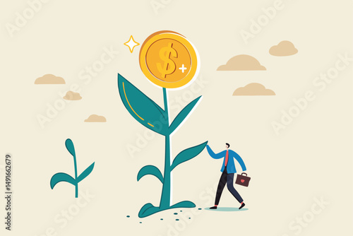 Financial or investment growth, increase earning profit and capital gain, success in wealth management concept, smart businessman investor finish watering growing money plant seedling with coin flower