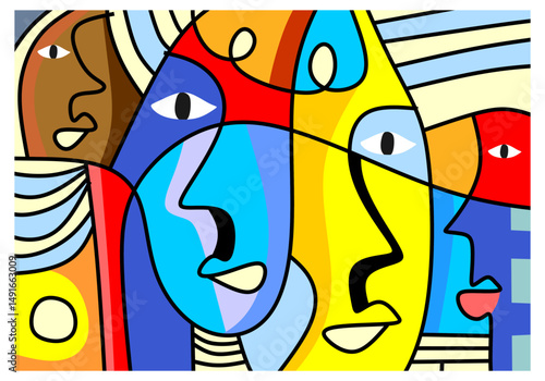 Playful and colorful abstract faces with spiral motifs and symbolic shapes in pop-surrealist style.
