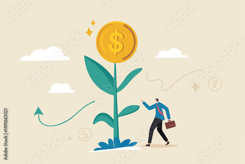Financial or investment growth, increase earning profit and capital gain, success in wealth management concept, smart businessman investor finish watering growing money plant seedling with coin flower