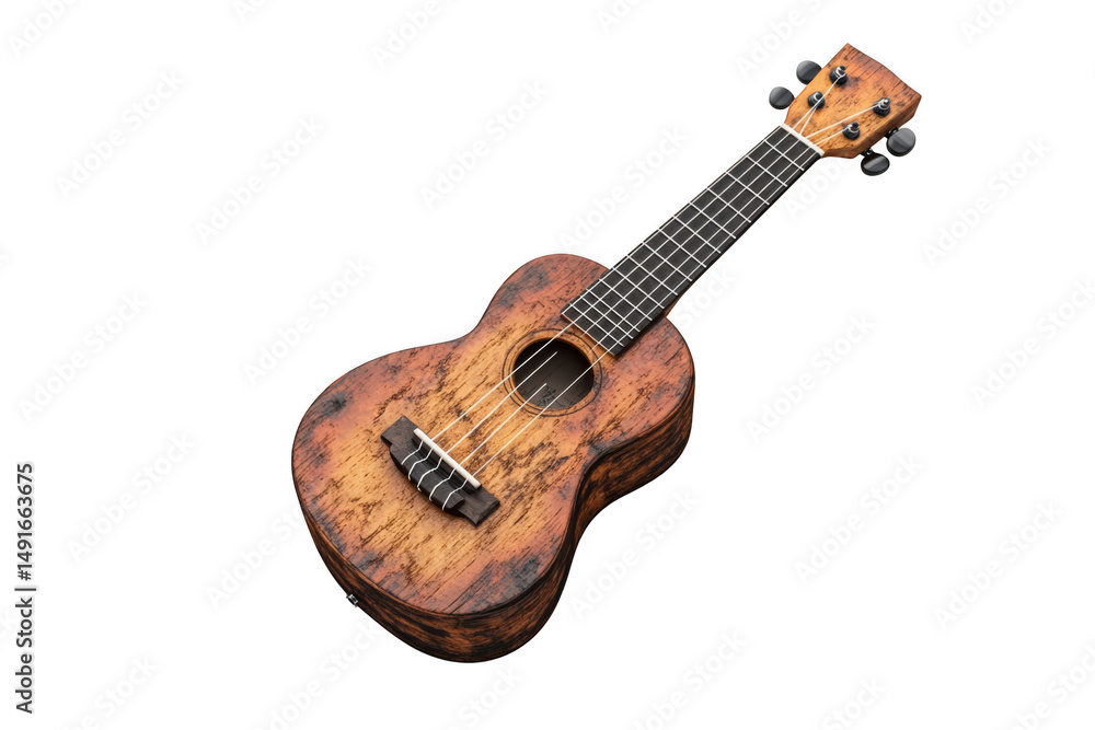 Fototapeta premium A small, rustic wooden ukulele with four strings and a natural finish.