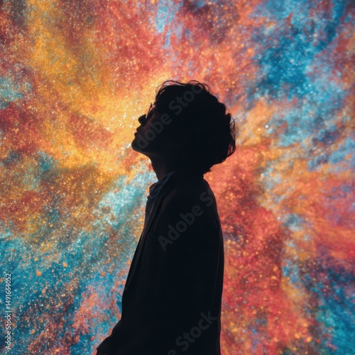 Silhouette of person looking up at colorful galaxy nebula art installation low angle view studio shot