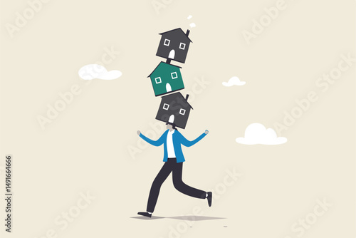 Housing investment risk, uncertainty of property mortgage loan and interest rate, real estate debt, buying too many houses concept, tried businessman balancing unstable stack of houses he bought.