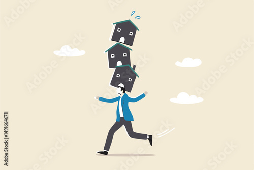 Housing investment risk, uncertainty of property mortgage loan and interest rate, real estate debt, buying too many houses concept, tried businessman balancing unstable stack of houses he bought.