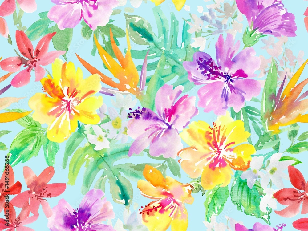 Seamless pattern of abstract purple and yellow hibiscus flowers, tropical foliage, and monstera leaves painted in watercolor. Hand painted floral wallpaper in watercolor for wedding invitation.