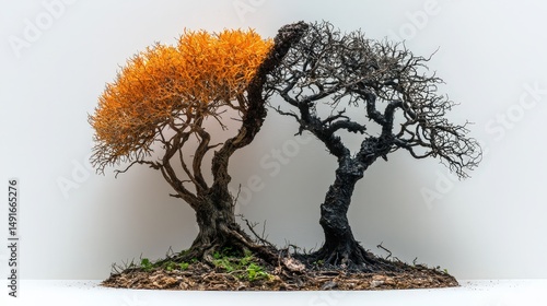 Contrast of life and death: vibrant autumn tree meets its withered counterpart