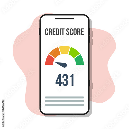 poor credit score rating on smartphone screen, flat style vector illustration, financial indicator, low level rank