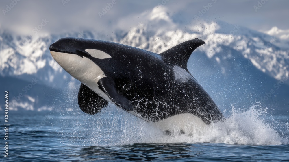 Fototapeta premium Orca breaching ocean surface in Alaska waters majestic killer whale jumps out of sea against snowy mountain backdrop