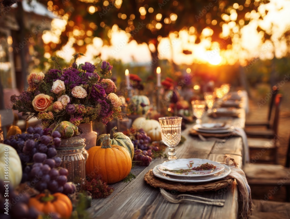 Naklejka premium Autumnal Feast Table Setting at Sunset; Long Table with Flowers Pumpkins Grapes and Candles; Rustic Style