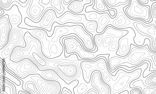 Abstract black and white hand drawn wavy line drawing seamless pattern. Landscape geodesy topographic map background. Abstract geometric topographic contour map background Vector.
