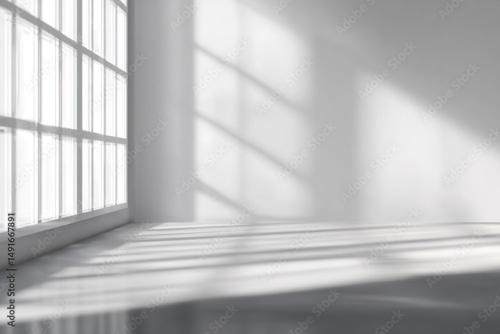 Obraz premium Minimalist White Room Interior with Large Window and Sunlight Casting Shadows on the Floor from Low Angle