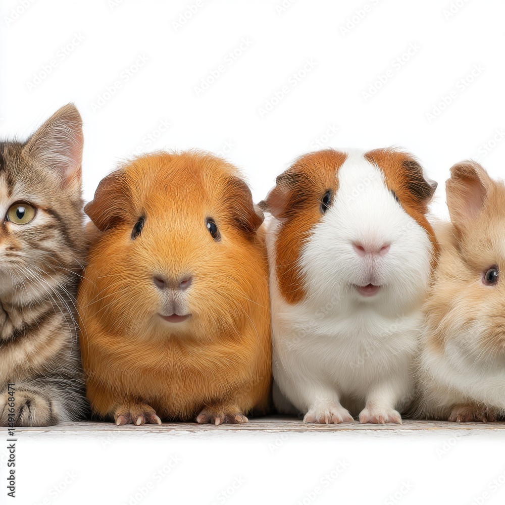 Fototapeta premium Group of Domestic Pets Posing Together Close Up Studio Shot on White Background Kitten Guinea Pig Rabbit Friendship