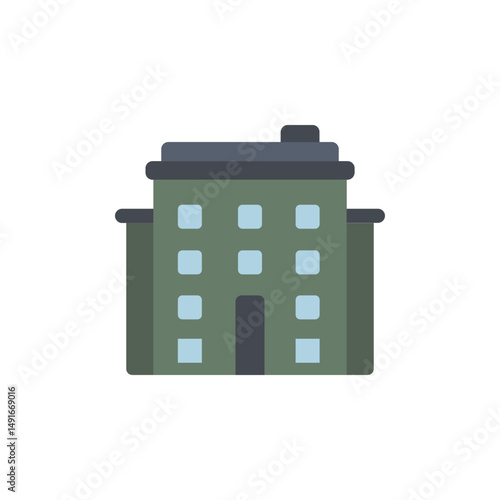 Flat vector illustration of a modern building in muted green tones, isolated