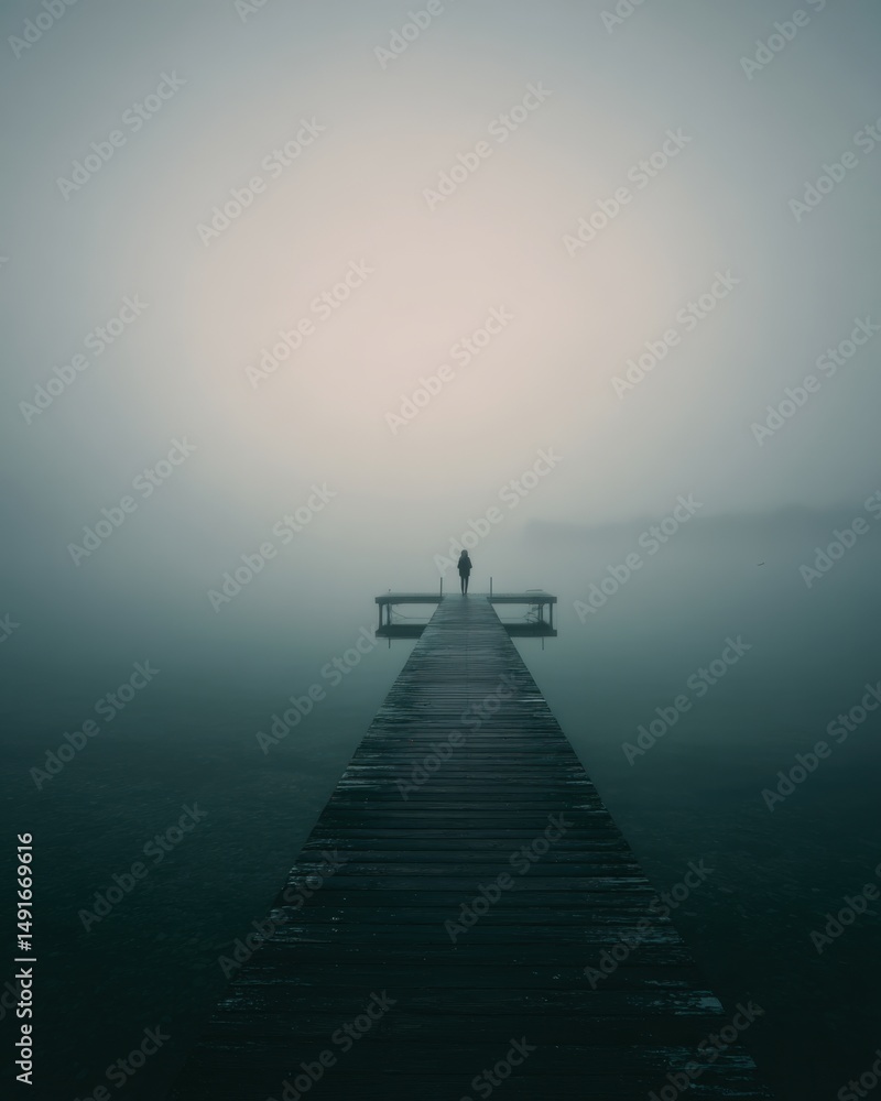 Obraz premium Solitary Figure Standing on Pier in Foggy Lake Landscape Perspective View Serene Mood Wooden Dock Water Horizon Mystery