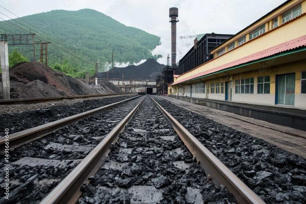 Fototapeta premium Industrial railway tracks covered in coal dust