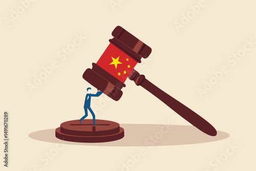 China government regulations to manipulate or control company with new rules concept, businessman business owner or investor try to survive from big gavel hammer with Chinese flag.