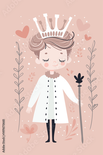 Little prince, boy in crown with scepter, cute birthday card, fairy tale character in delicate colors. Flat vector cartoon print.
