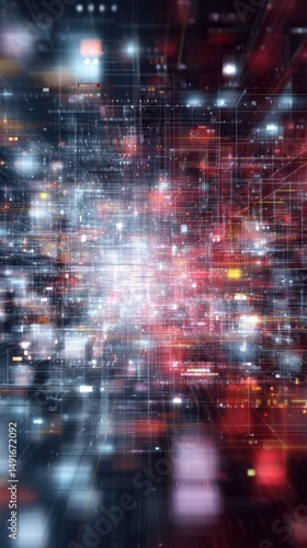 Abstract Data Network Visualization with Digital Grid Lines and Glowing Nodes Perspective View